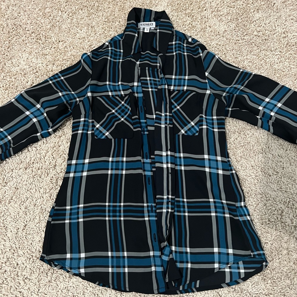 Plaid chiffon blue and black plaid shirt